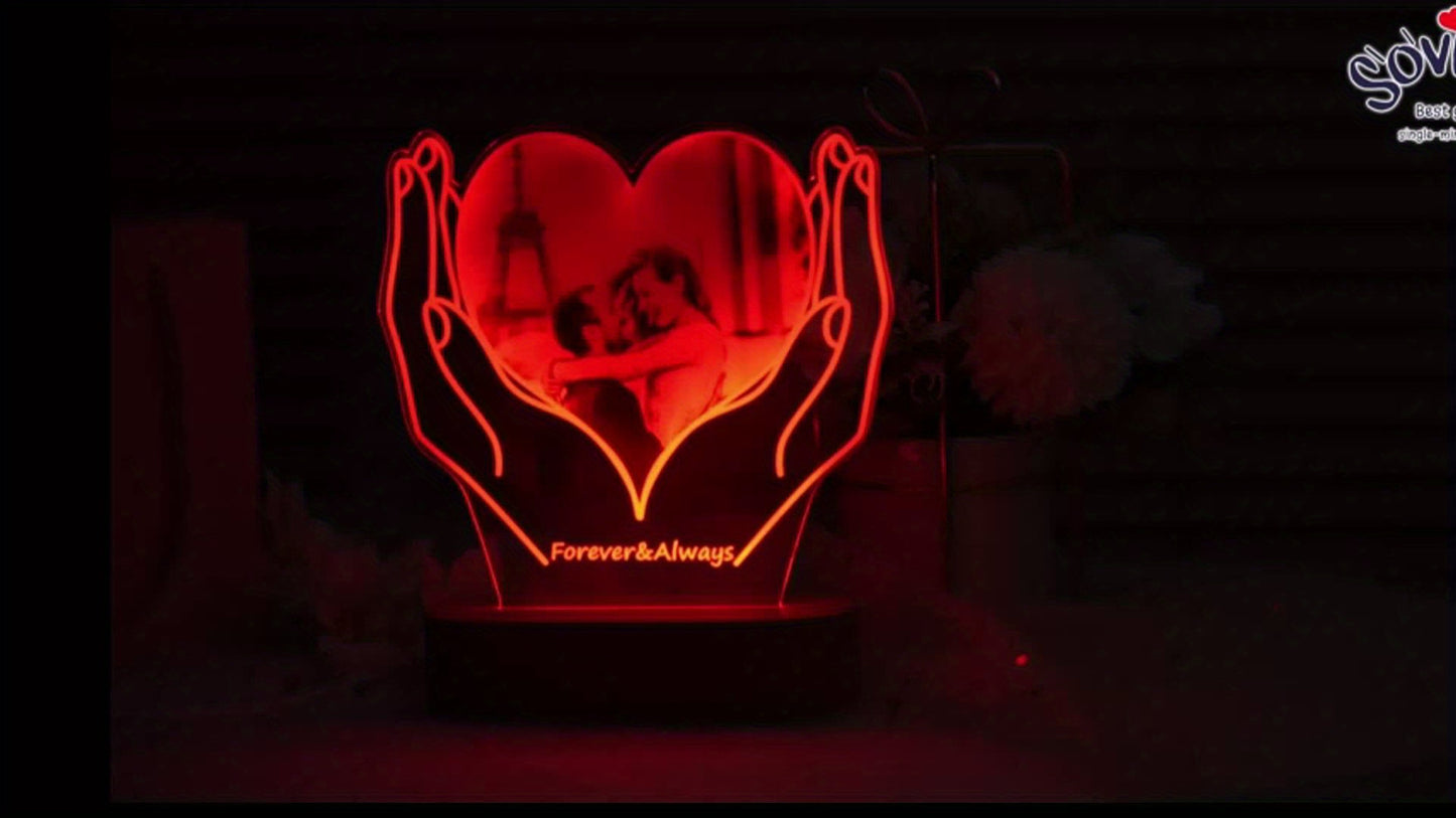 Personalized LED Heart Shaped Night Light Photo Frame with Wooden Stand - Custom Gifts for Mom, Dad, Anniversary, Birthday