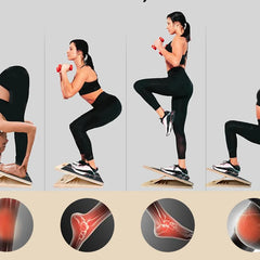 Woman performing various exercises on a step platform with health benefits illustrated below.