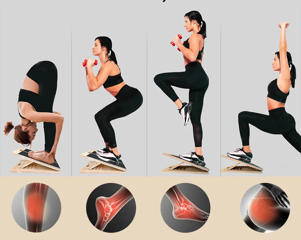 Woman performing various exercises on a step platform with health benefits illustrated below.