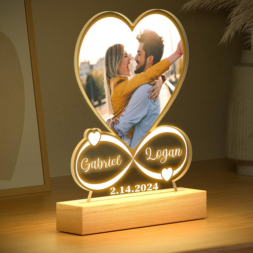 Personalized LED Heart Shaped Night Light Photo Frame with Wooden Stand - Custom Gifts for Mom, Dad, Anniversary, Birthday