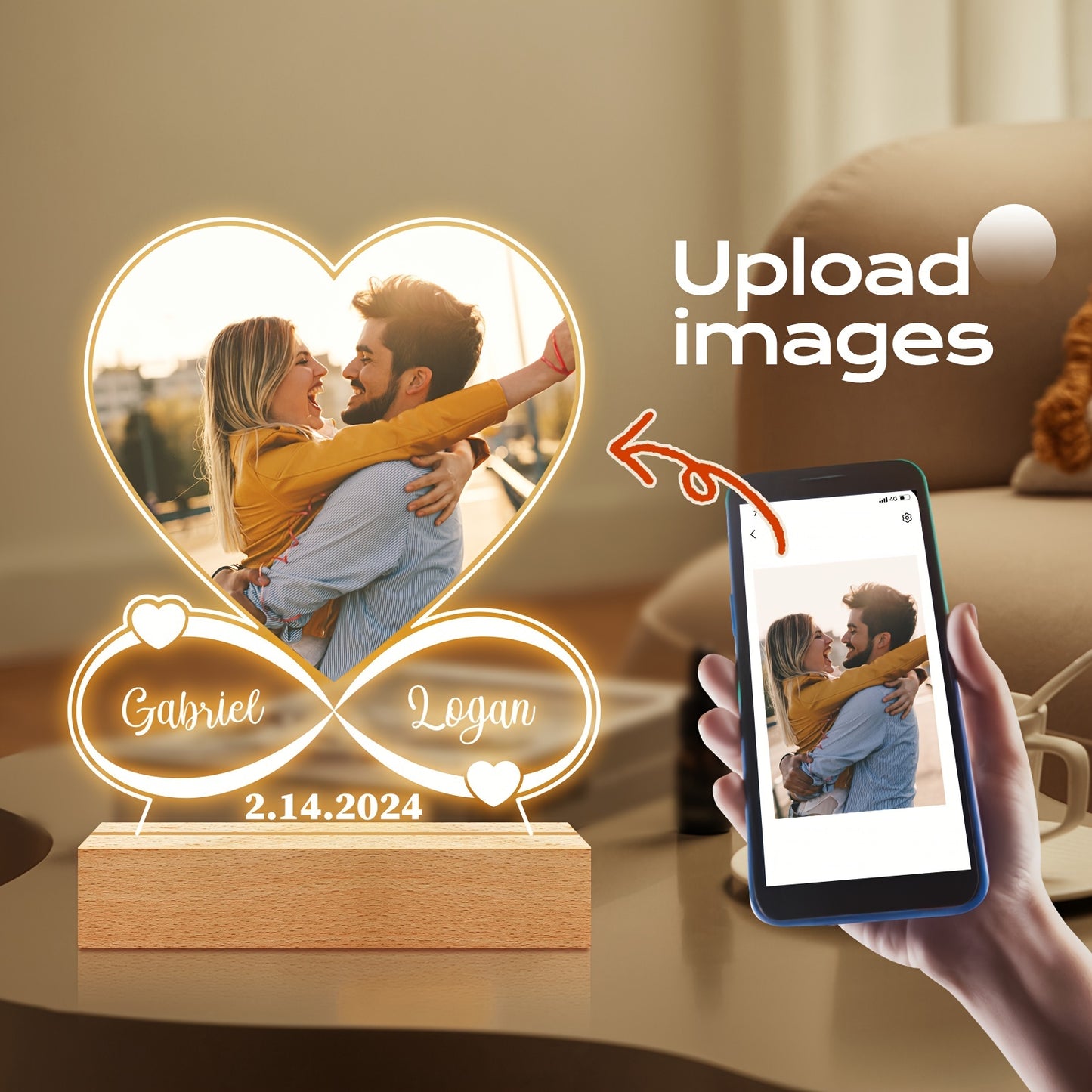 Personalized LED Heart Shaped Night Light Photo Frame with Wooden Stand - Custom Gifts for Mom, Dad, Anniversary, Birthday