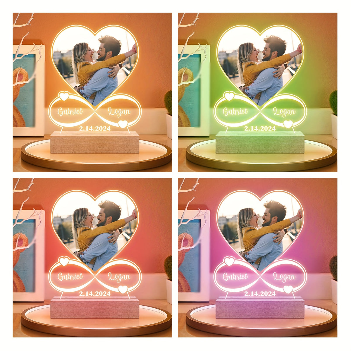 Personalisierter LED-Fotorahmen in Herzform mit Nachtlicht und Holzständer - Individuelle Geschenke für Mama, Papa, Jahrestag, Geburtstag