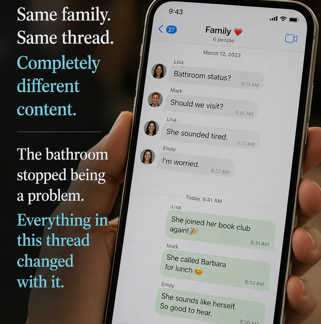 Hand holding a smartphone displaying a messaging app with a family thread on a dark background.