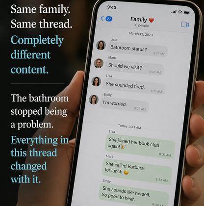 Hand holding a smartphone displaying a messaging app with a family thread on a dark background.
