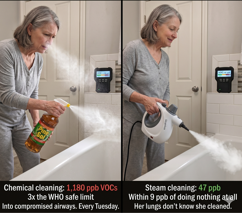 Before and after comparison of a woman cleaning a bathroom with a steam cleaner.