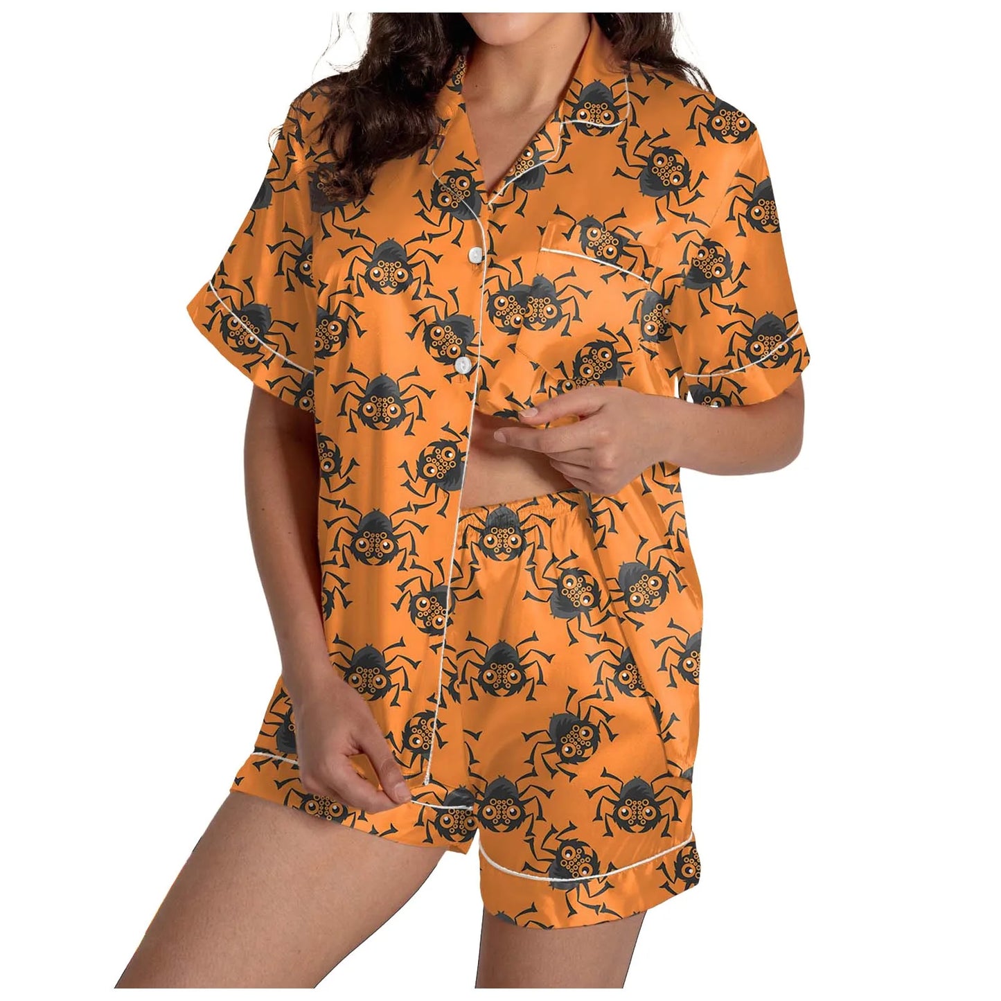 2 Piece Pajama Set Women's Halloween Nightgown Summer Satin Silk Shirt And Short Set Women 2024 Halloween Graphic Shorts Set