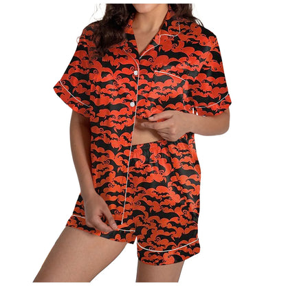 2 Piece Pajama Set Women's Halloween Nightgown Summer Satin Silk Shirt And Short Set Women 2024 Halloween Graphic Shorts Set