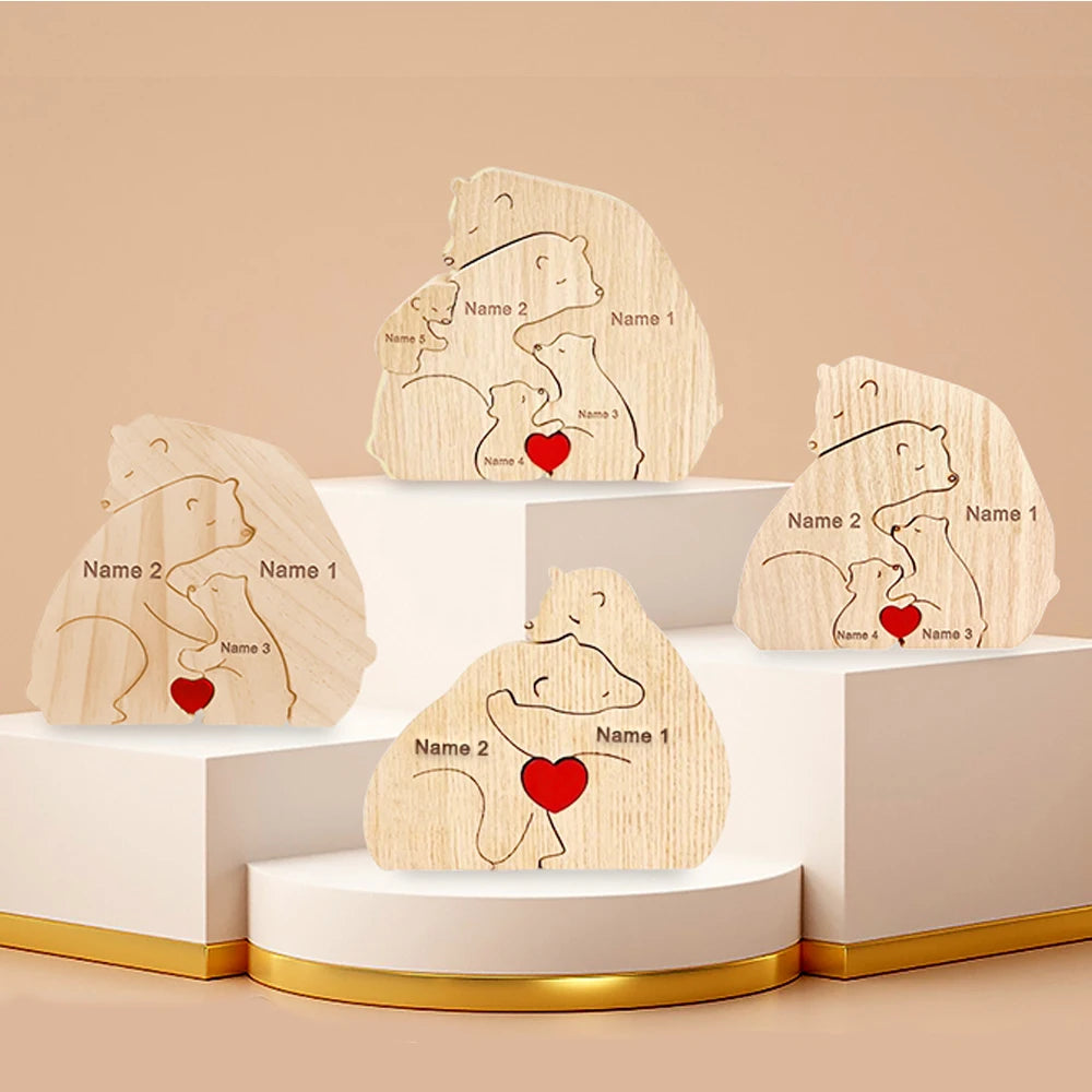 Tierfamilien-Ornamente DIY Holzschnitzerei Kostenlose Gravur Benutzerdefinierte Namensfiguren Home Bär Elefant Puzzle Muttertagsgeschenk
