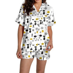 Halloween kvinnors 2-delat pyjamas set spöken tryck kortärmad satin siden skjorta och kort set kvinnor outfits Halloween nattlinne