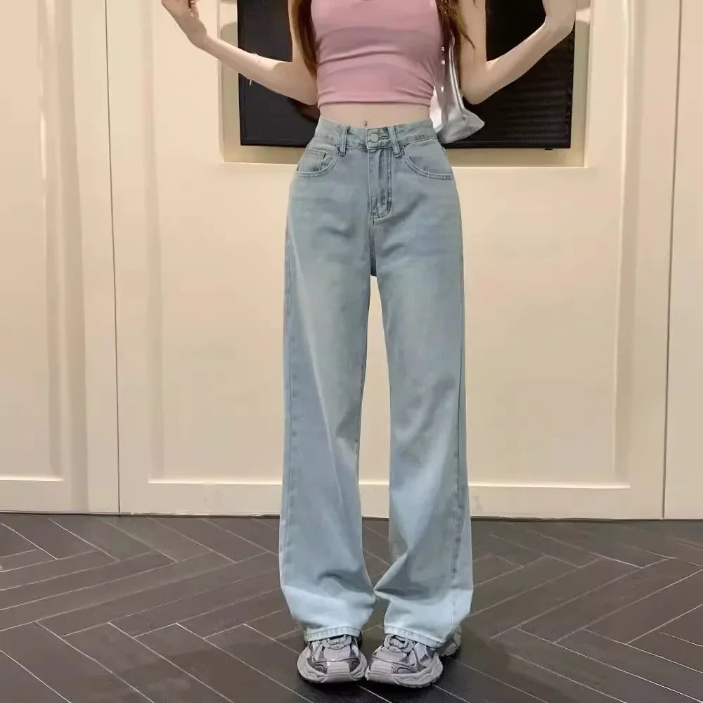 Wide Leg Jeans with Pink Bow Embroidered