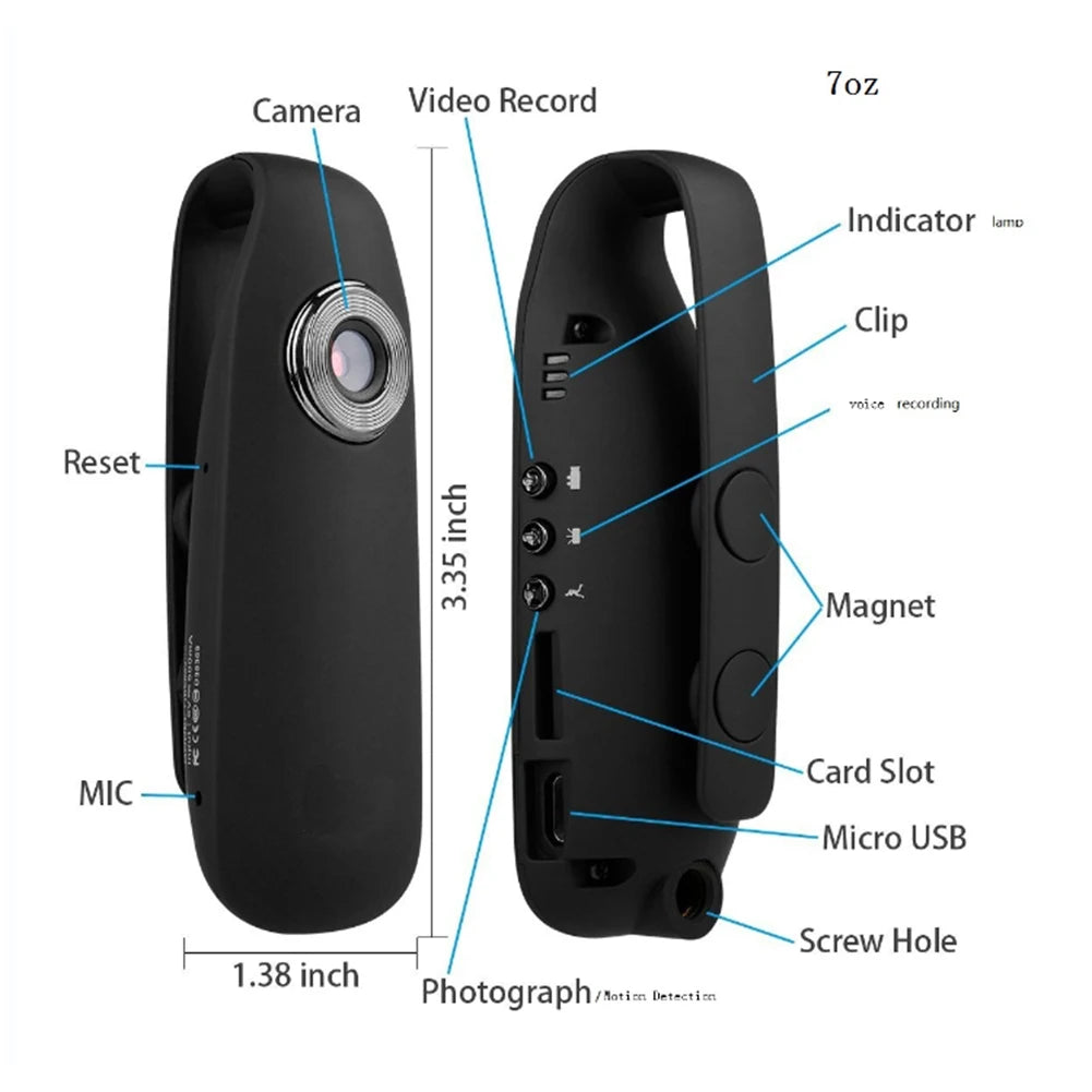 Motion Detection Back Clip Camera Pocket Video Recorder for Outdoor Sport Interview Class Meeting HD Micro Cam
