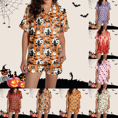 2 Piece Pajama Set Women's Halloween Nightgown Summer Satin Silk Shirt And Short Set Women 2024 Halloween Graphic Shorts Set