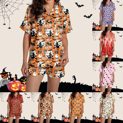 2 Piece Pajama Set Women's Halloween Nightgown Summer Satin Silk Shirt And Short Set Women 2024 Halloween Graphic Shorts Set