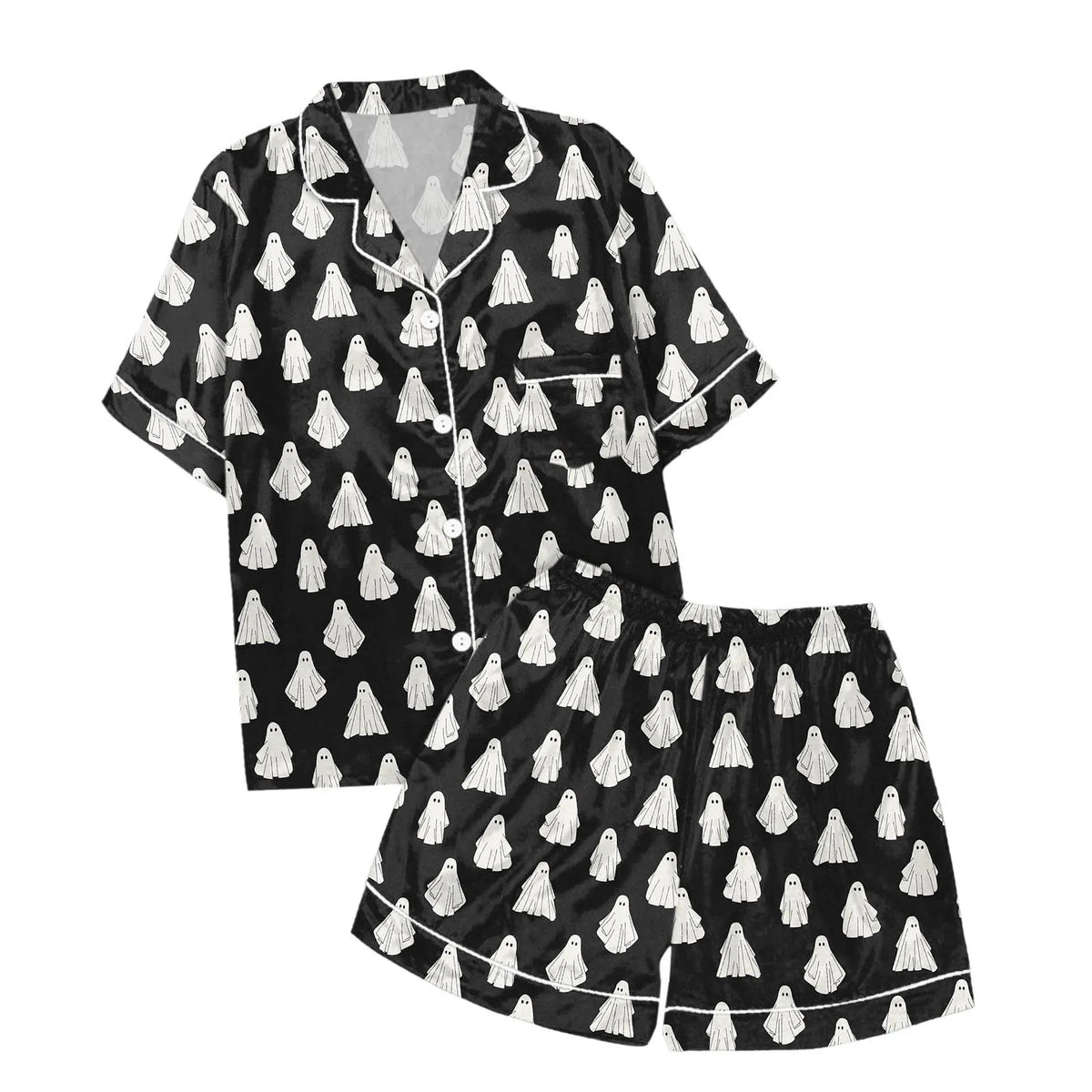 Halloween kvinnors 2-delat pyjamas set spöken tryck kortärmad satin siden skjorta och kort set kvinnor outfits Halloween nattlinne