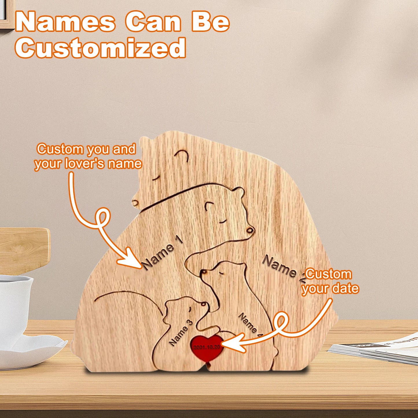 Animal Family Ornaments DIY Wood Carving Free Engraving Custom Name Figurines Home Bear Elephant Puzzle Mother's Birthday Gift