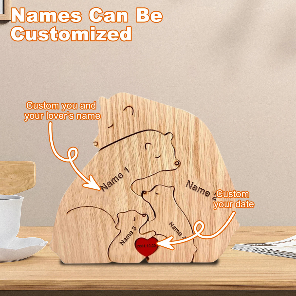 Tierfamilien-Ornamente DIY Holzschnitzerei Kostenlose Gravur Benutzerdefinierte Namensfiguren Home Bär Elefant Puzzle Muttertagsgeschenk