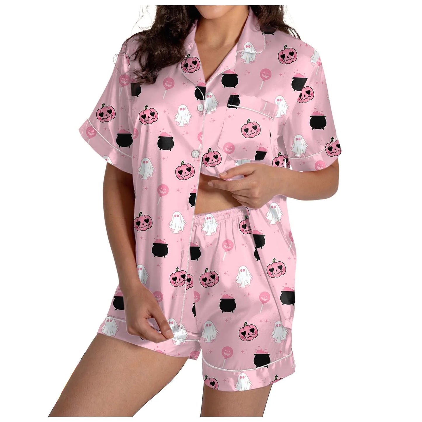 2 Piece Pajama Set Women's Halloween Nightgown Summer Satin Silk Shirt And Short Set Women 2024 Halloween Graphic Shorts Set