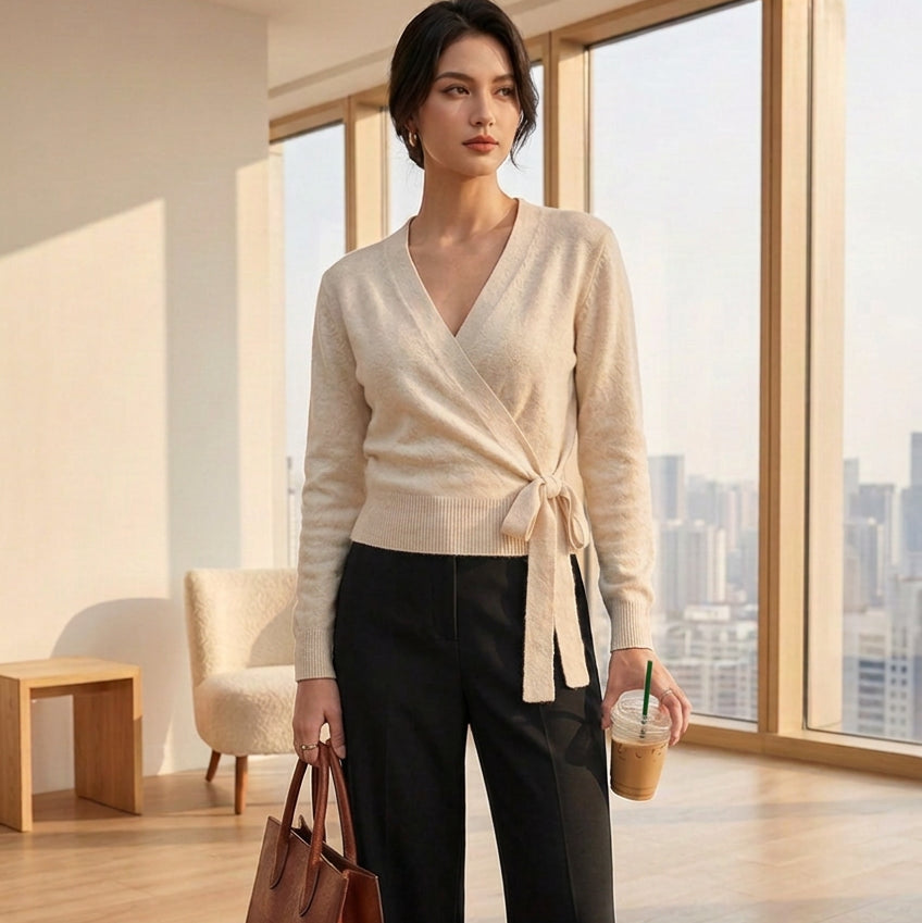 A woman wearing a beige wrap-style knit sweater with a tie waist, paired with dark brown pants, holding a brown tote bag and a iced coffee outdoors.