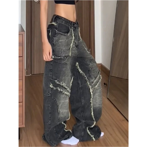 Svarta kvinnors jeans hip-hop mode vintage streetwear Y2K vida ben raka jeans hög midja byxor baggy cargo denim byxor