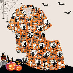 2 Piece Pajama Set Women's Halloween Nightgown Summer Satin Silk Shirt And Short Set Women 2024 Halloween Graphic Shorts Set