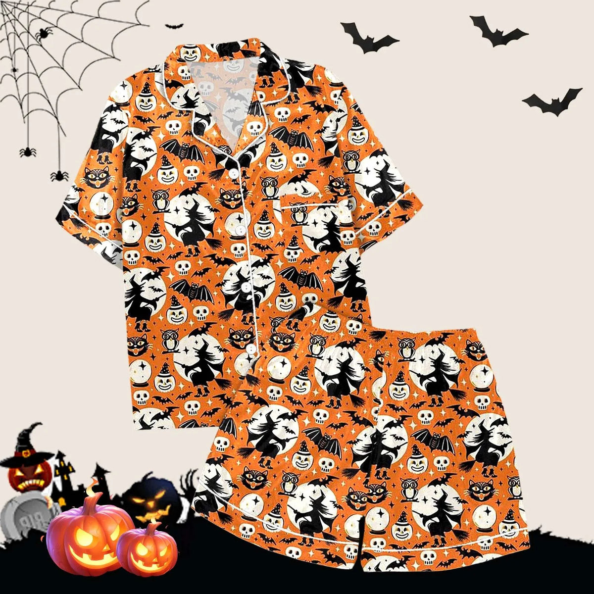 2 Piece Pajama Set Women's Halloween Nightgown Summer Satin Silk Shirt And Short Set Women 2024 Halloween Graphic Shorts Set