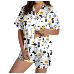 Halloween kvinnors 2-delat pyjamas set spöken tryck kortärmad satin siden skjorta och kort set kvinnor outfits Halloween nattlinne