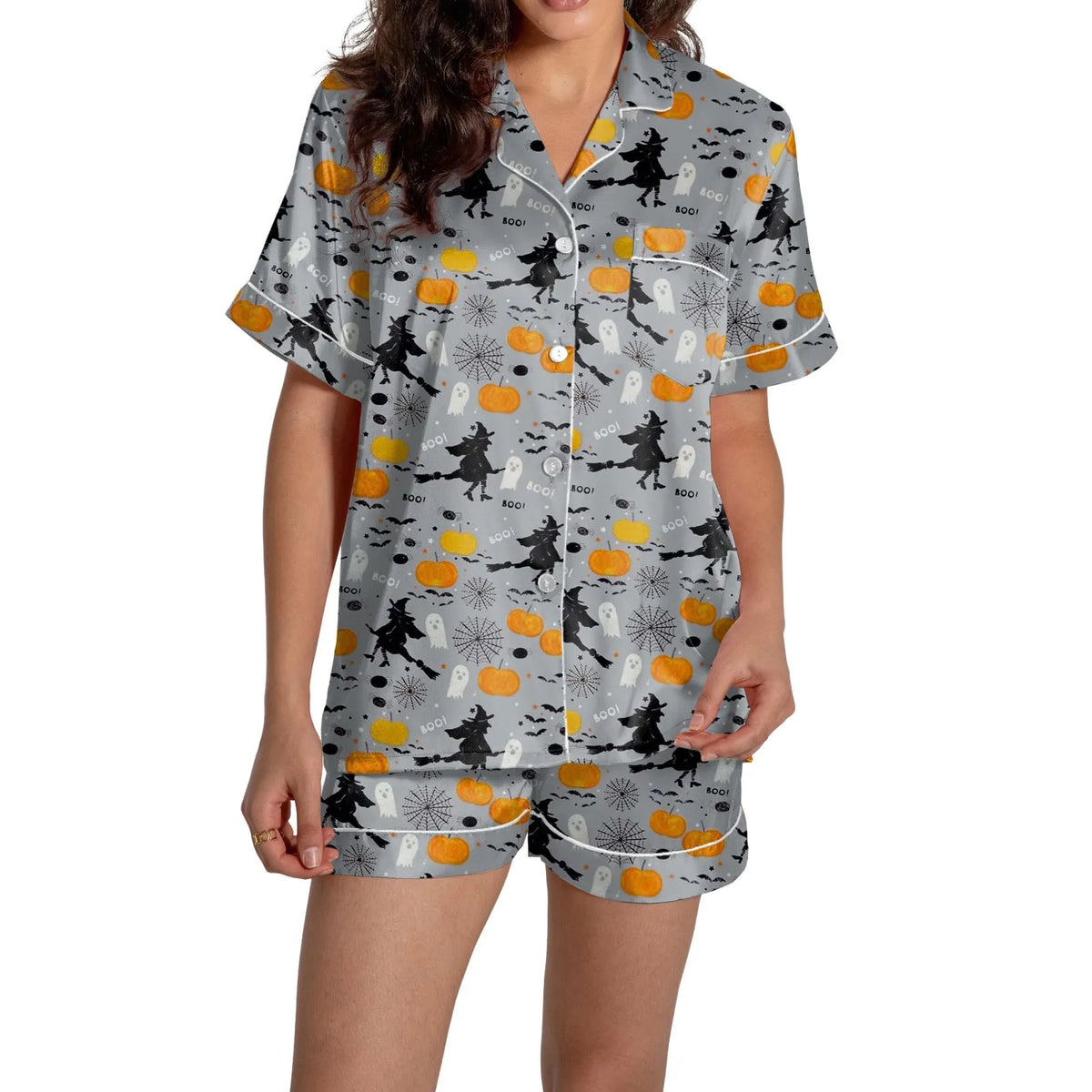 Halloween kvinnors 2-delat pyjamas set spöken tryck kortärmad satin siden skjorta och kort set kvinnor outfits Halloween nattlinne
