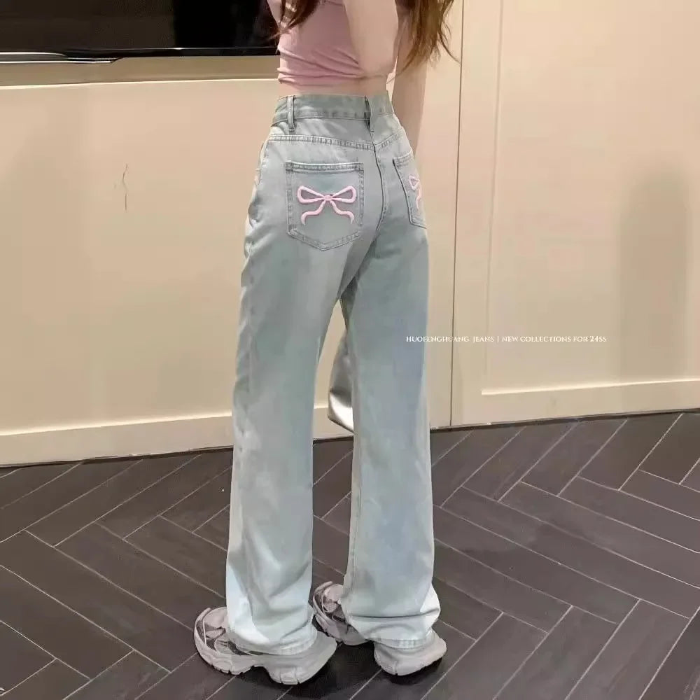 Wide Leg Jeans with Pink Bow Embroidered