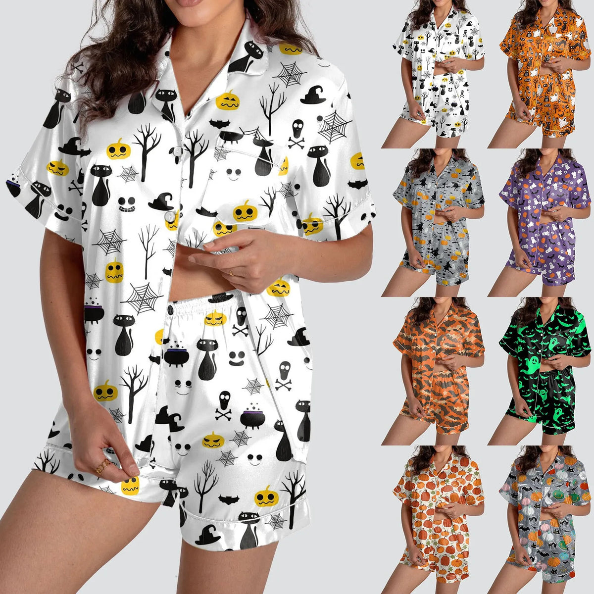 Halloween kvinnors 2-delat pyjamas set spöken tryck kortärmad satin siden skjorta och kort set kvinnor outfits Halloween nattlinne
