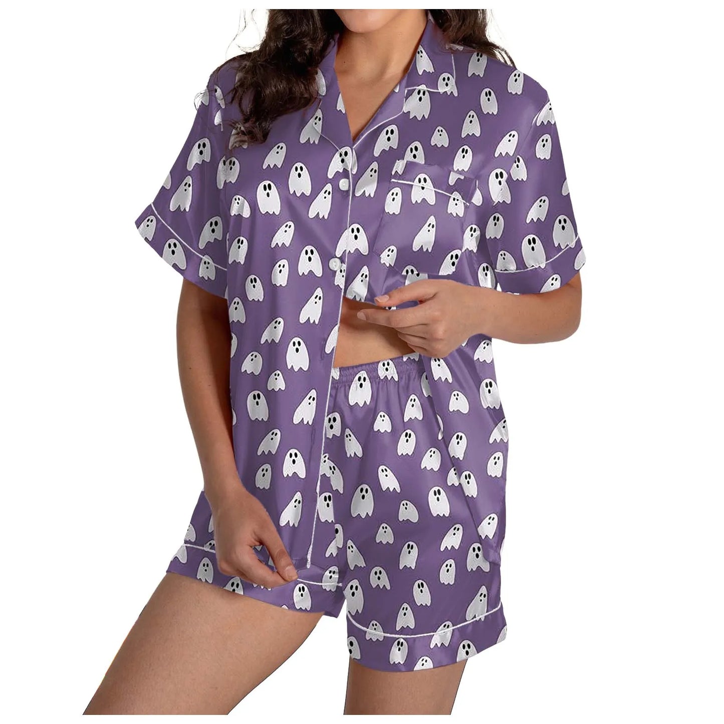 2 Piece Pajama Set Women's Halloween Nightgown Summer Satin Silk Shirt And Short Set Women 2024 Halloween Graphic Shorts Set
