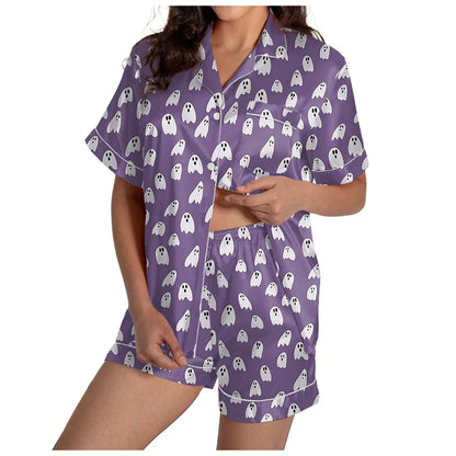 2 Piece Pajama Set Women's Halloween Nightgown Summer Satin Silk Shirt And Short Set Women 2024 Halloween Graphic Shorts Set