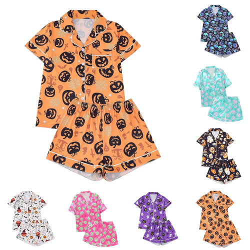 Halloween Pumpkin Bat Print Pajama Set For Women Comfortable Short-Sleeved Lapel Top And Baggy Shorts Loungewear For Women