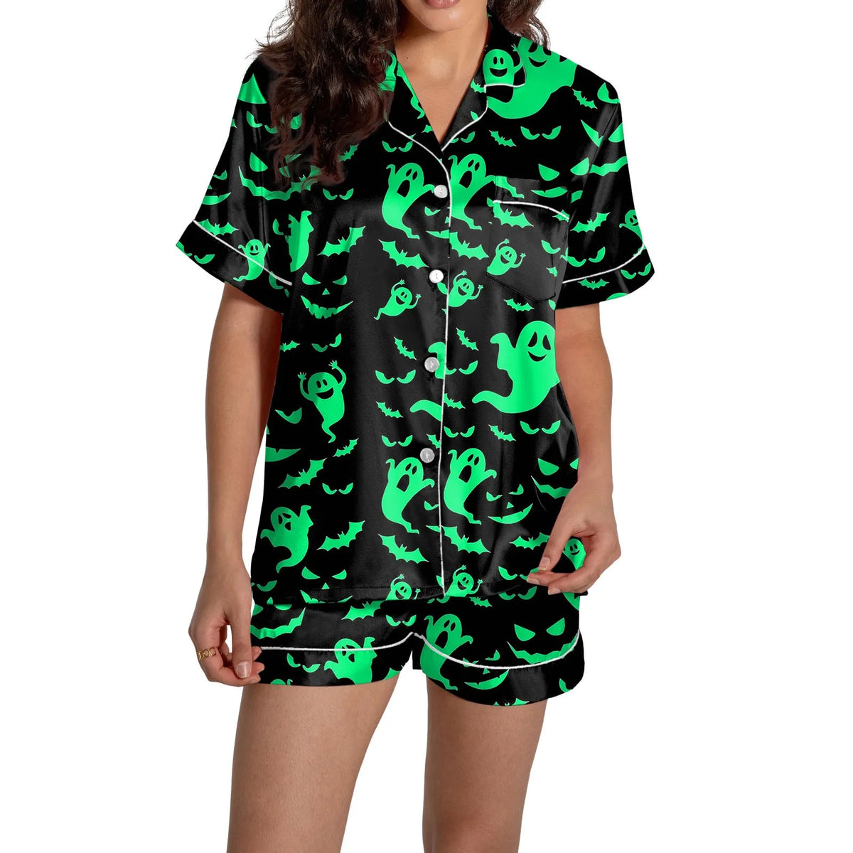 Halloween kvinnors 2-delat pyjamas set spöken tryck kortärmad satin siden skjorta och kort set kvinnor outfits Halloween nattlinne