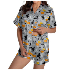 Halloween kvinnors 2-delat pyjamas set spöken tryck kortärmad satin siden skjorta och kort set kvinnor outfits Halloween nattlinne