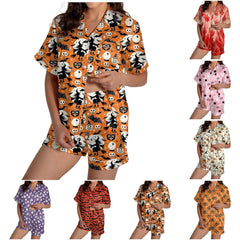 2 Piece Pajama Set Women's Halloween Nightgown Summer Satin Silk Shirt And Short Set Women 2024 Halloween Graphic Shorts Set