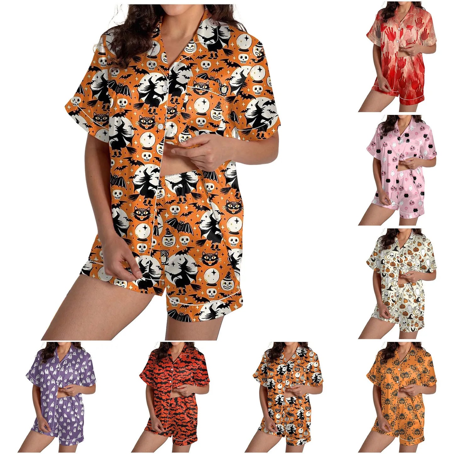 2 Piece Pajama Set Women's Halloween Nightgown Summer Satin Silk Shirt And Short Set Women 2024 Halloween Graphic Shorts Set