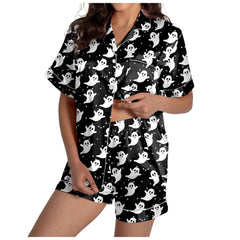 Halloween kvinnors 2-delat pyjamas set spöken tryck kortärmad satin siden skjorta och kort set kvinnor outfits Halloween nattlinne
