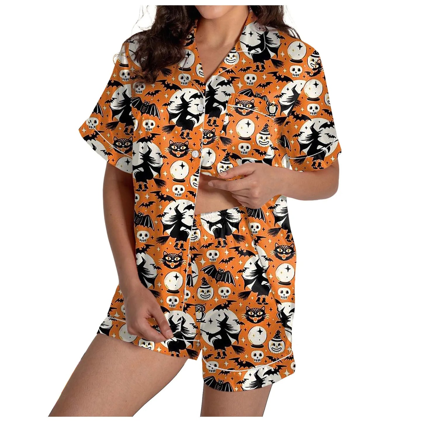 2 Piece Pajama Set Women's Halloween Nightgown Summer Satin Silk Shirt And Short Set Women 2024 Halloween Graphic Shorts Set