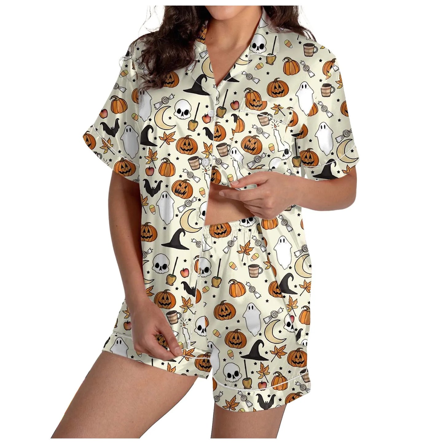2 Piece Pajama Set Women's Halloween Nightgown Summer Satin Silk Shirt And Short Set Women 2024 Halloween Graphic Shorts Set