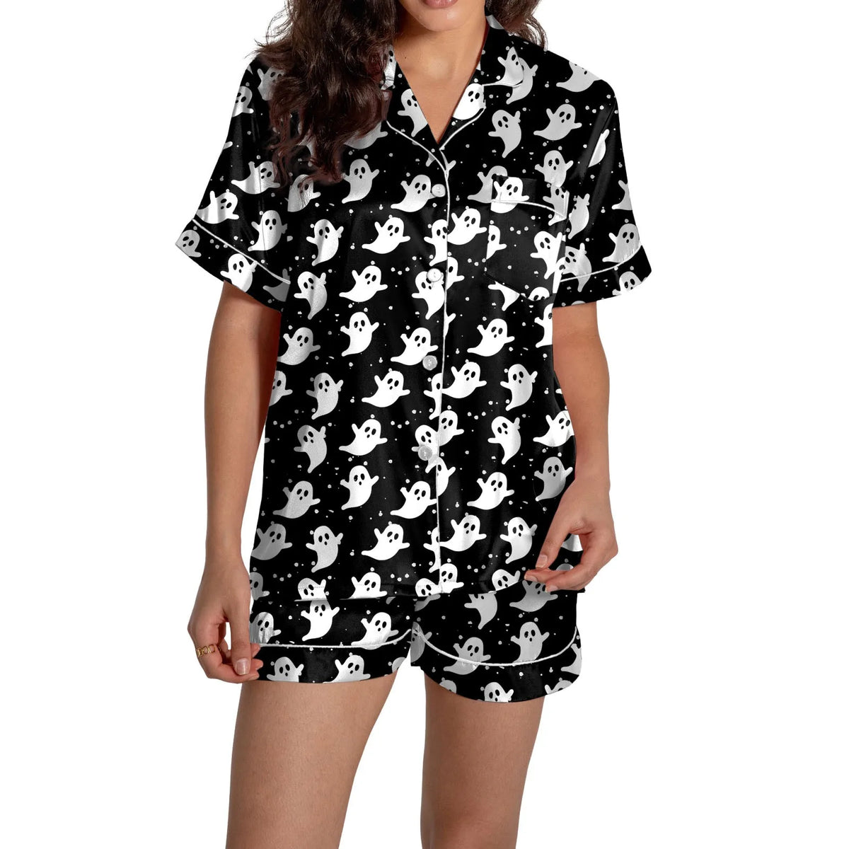 Halloween kvinnors 2-delat pyjamas set spöken tryck kortärmad satin siden skjorta och kort set kvinnor outfits Halloween nattlinne