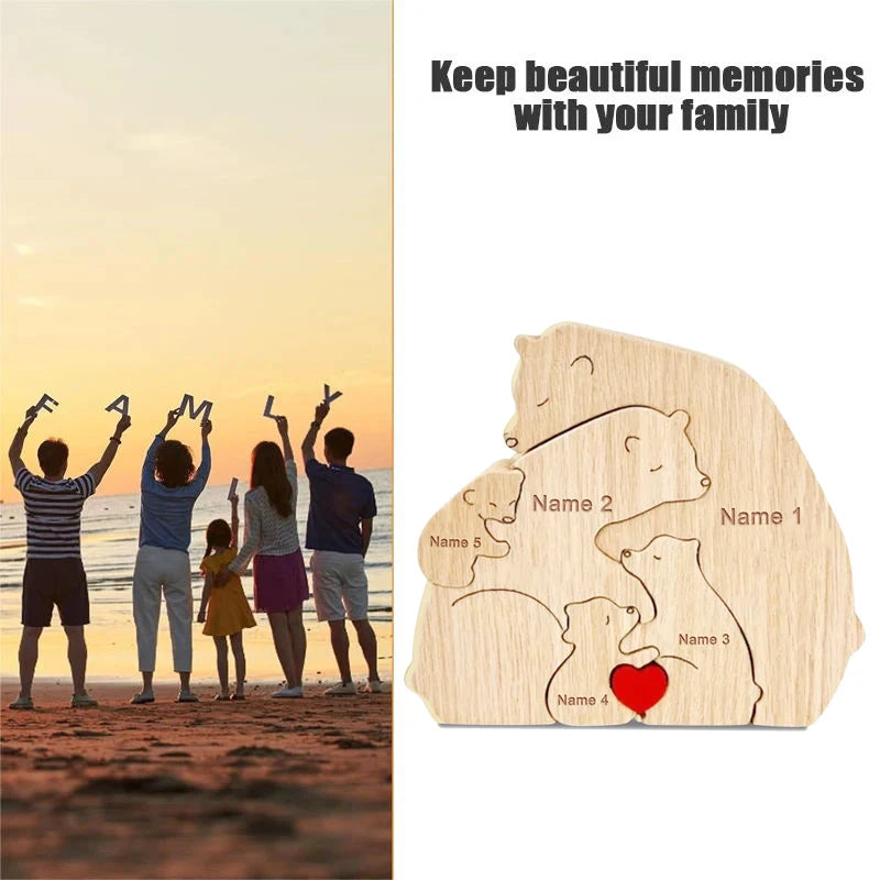 Tierfamilien-Ornamente DIY Holzschnitzerei Kostenlose Gravur Benutzerdefinierte Namensfiguren Home Bär Elefant Puzzle Muttertagsgeschenk