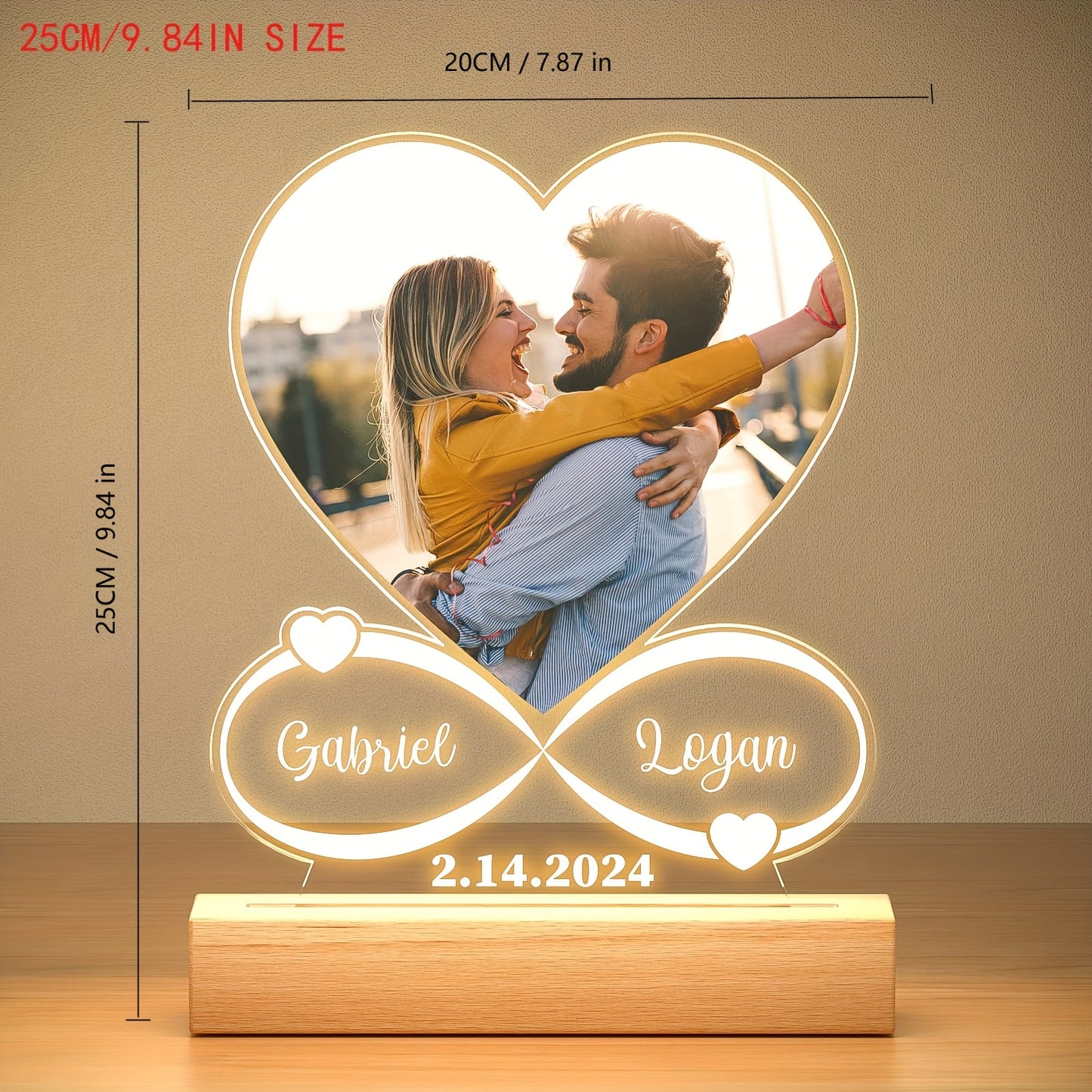 Personalized LED Heart Shaped Night Light Photo Frame with Wooden Stand - Custom Gifts for Mom, Dad, Anniversary, Birthday