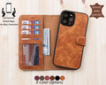 May include: A tan leather phone case with a wallet design. The case features card slots, a clear ID window, and a magnetic closure. The text "Full Covered Raised Edges for Max. Protection" is visible. The case is shown with a phone and a £75 note.