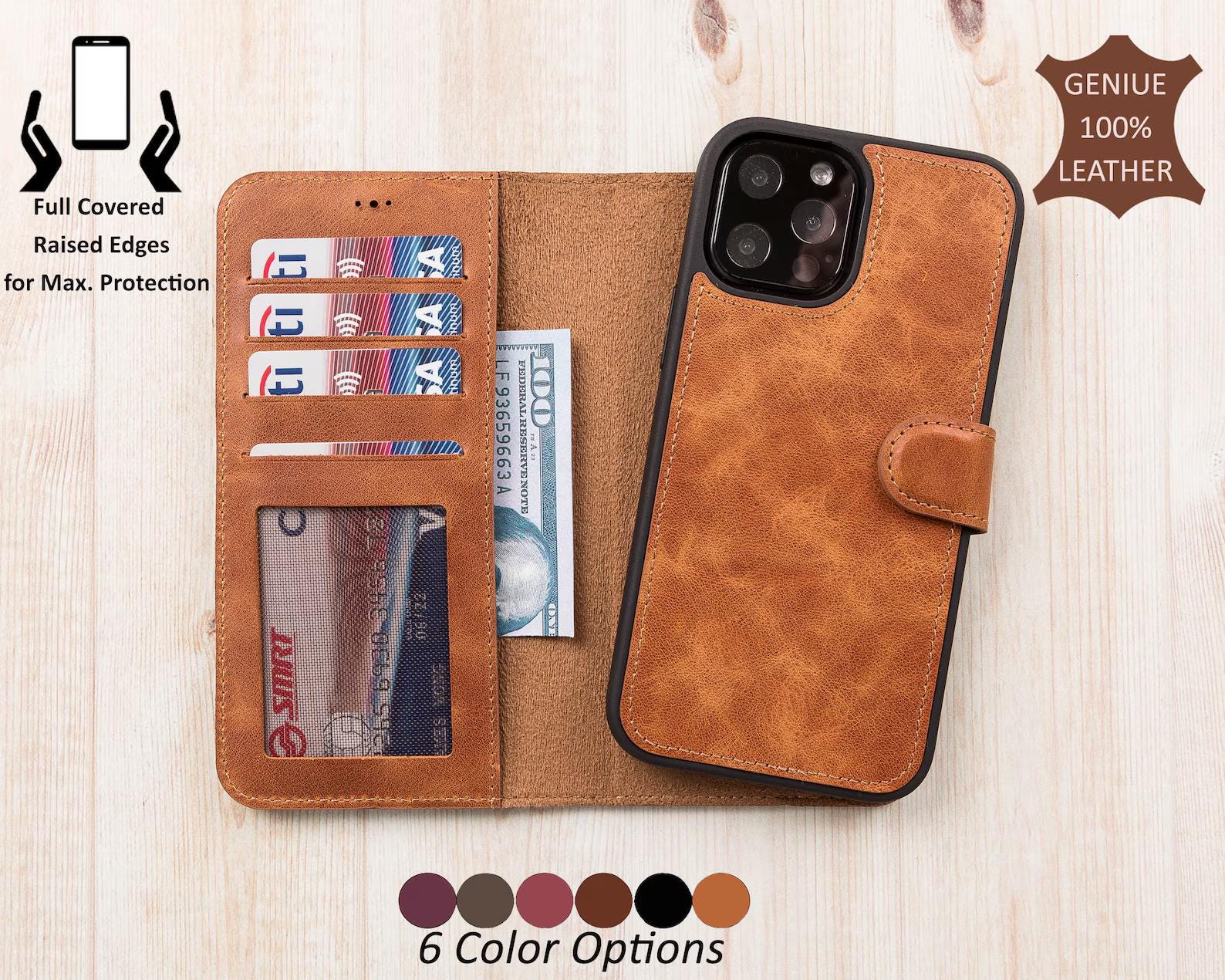 May include: A tan leather phone case with a wallet design. The case features card slots, a clear ID window, and a magnetic closure. The text "Full Covered Raised Edges for Max. Protection" is visible. The case is shown with a phone and a £75 note.
