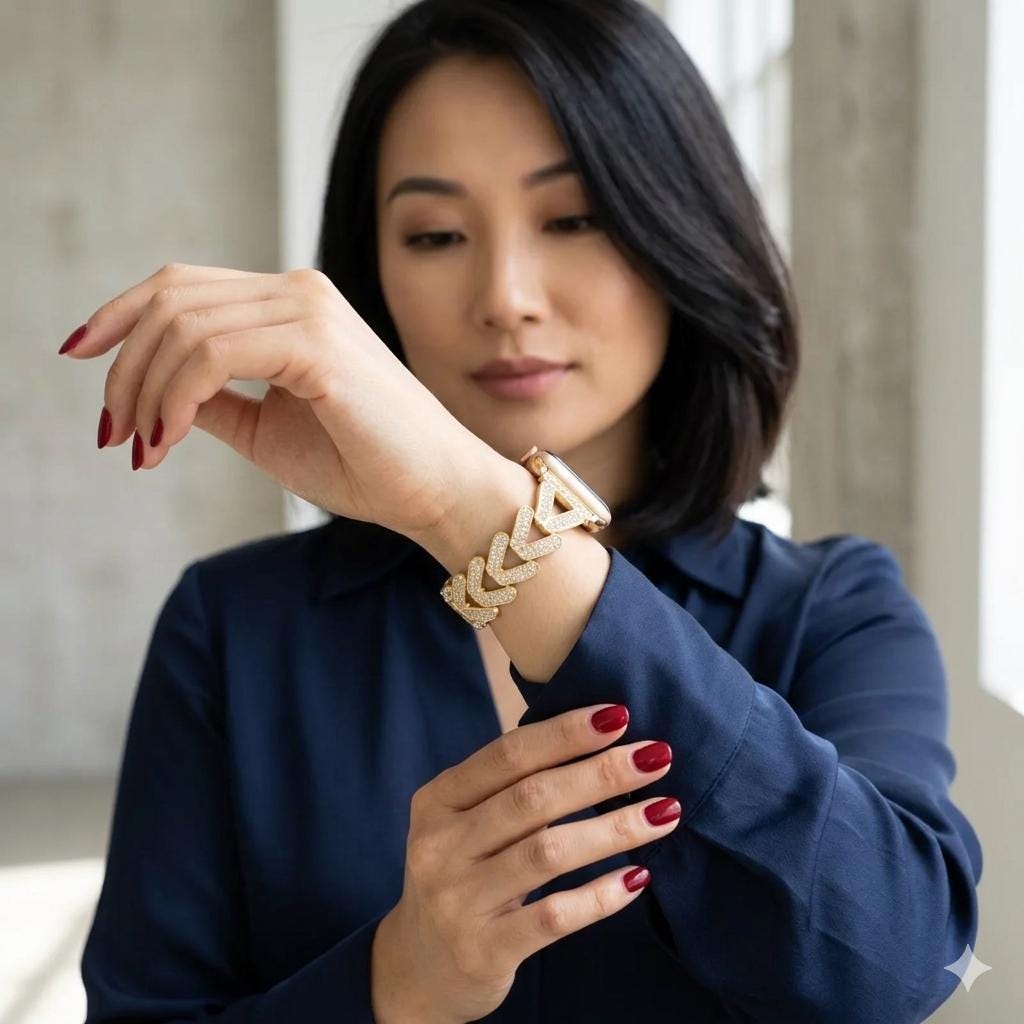 May include: Gold-coloured watch featuring a chevron-patterned strap, embellished with sparkling details. The watch is worn on a wrist, complemented by a navy blue long-sleeved shirt. The person's nails are painted a deep red.